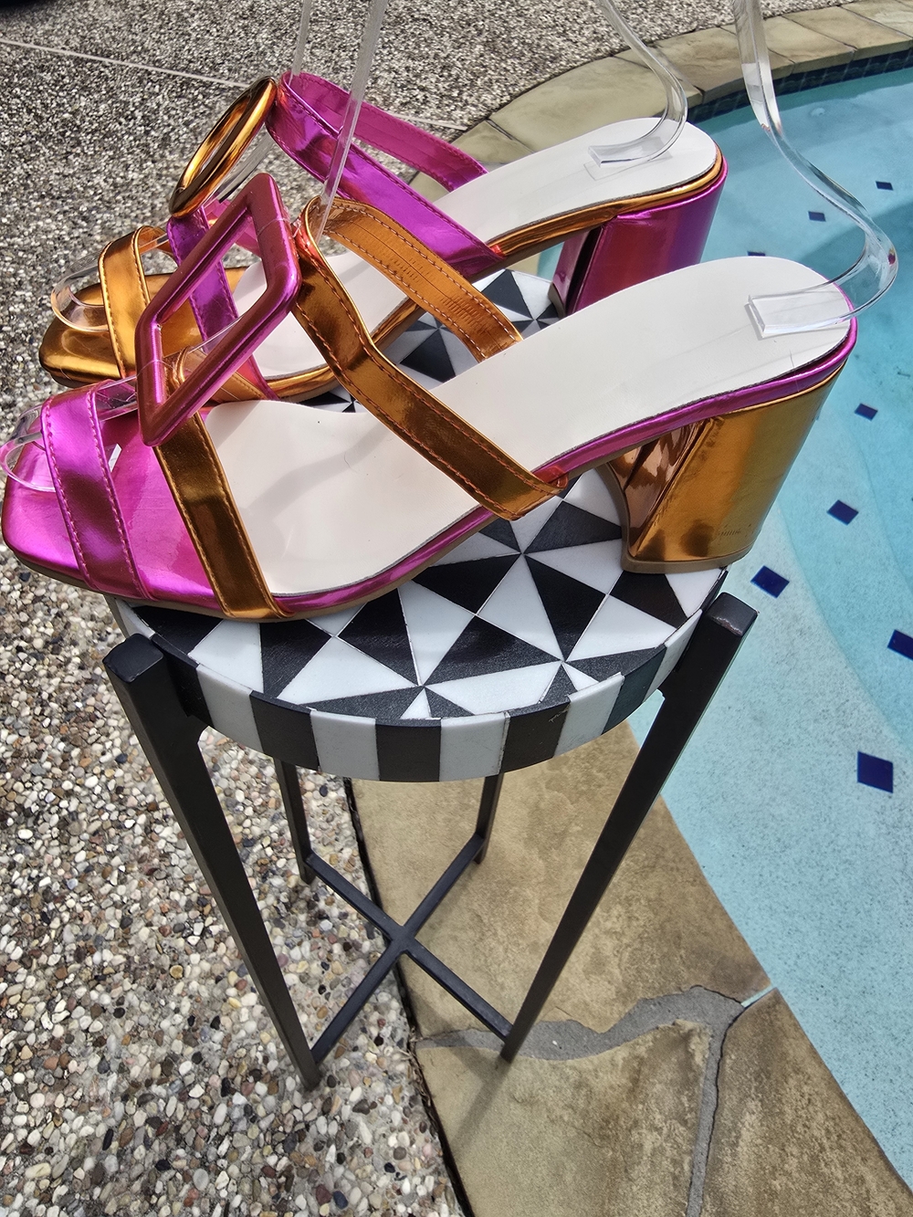 Metallic Pink & Orange Buckle Slide Sandals - Picture 3 of 6